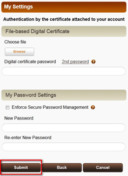 Enter the certificate media information and then your new password in the next field. Re-enter your new password for verification. Click “Submit”